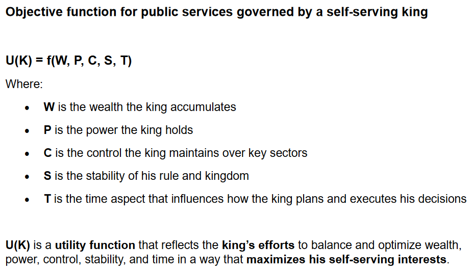 Objective function for public services governed by a self-serving king aka dictator